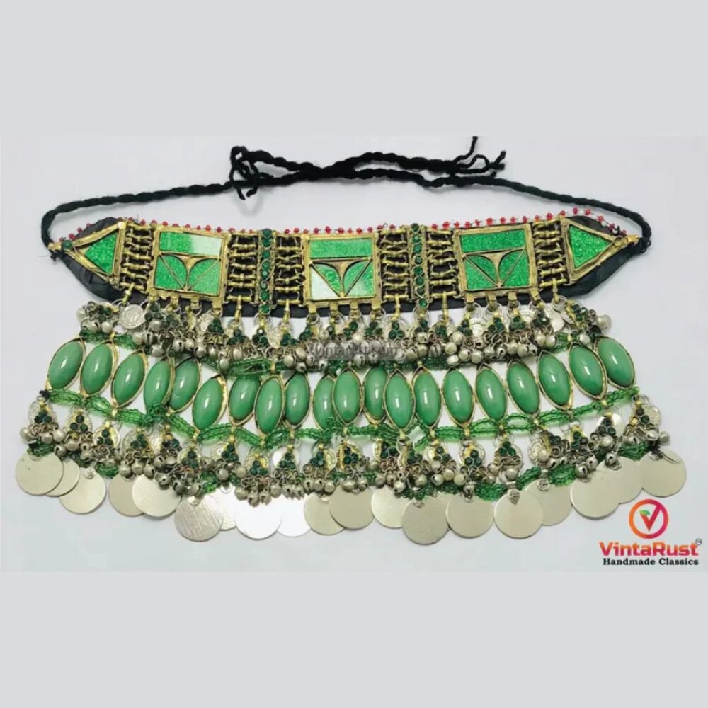 Antique Green Stone Afghan Necklace: Silver Kuchi Tribal Boho Statement - Picture 7 of 9